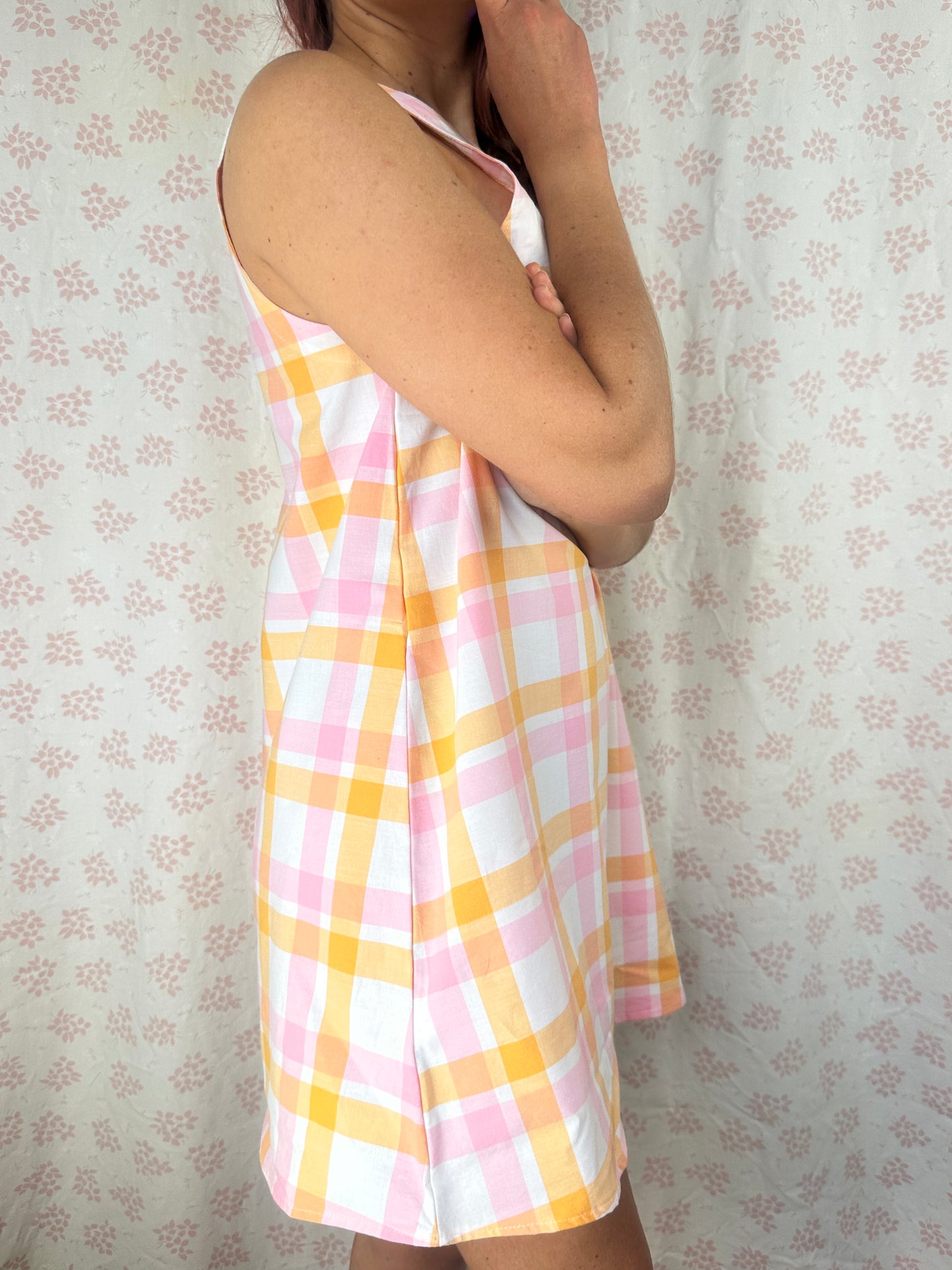 Robe Col Carreaux Orange et Rose