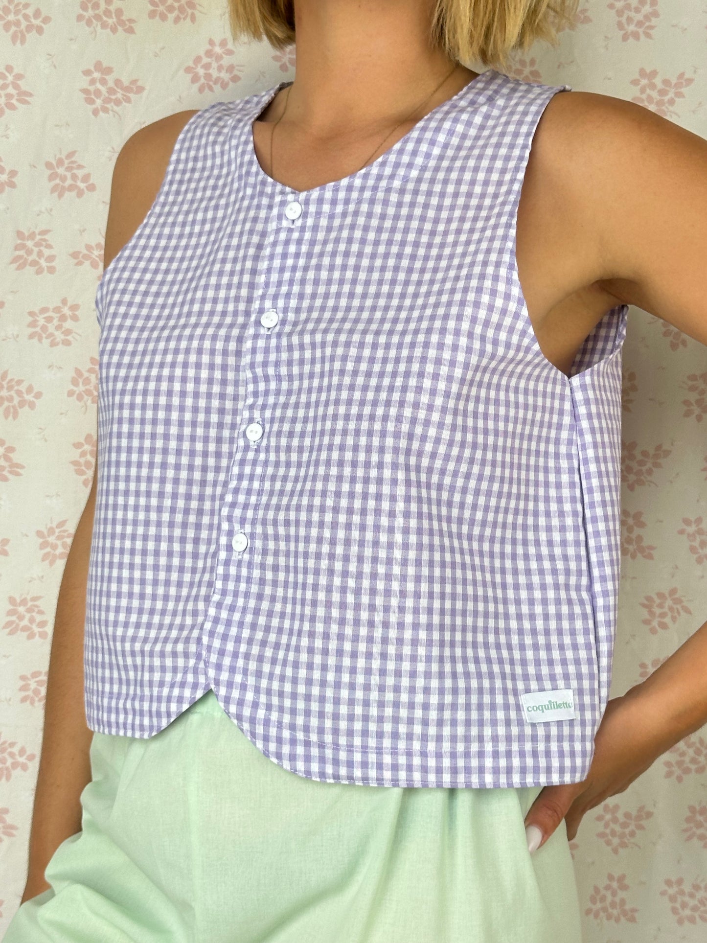 Haut Bouton Vichy Violet