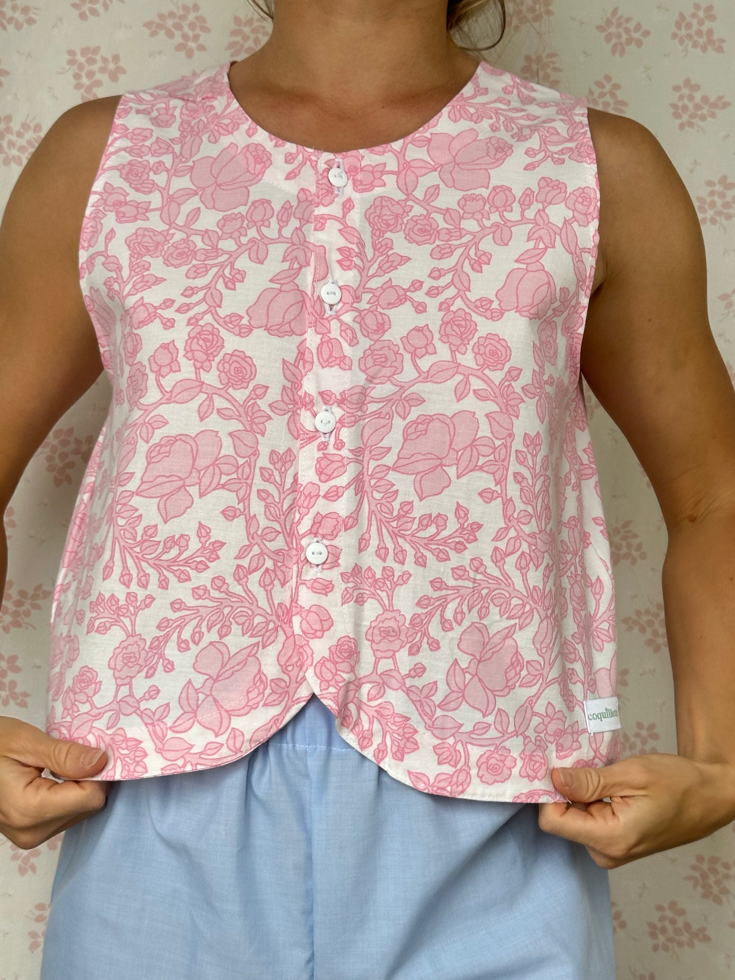 Haut Bouton Fleurs Rose